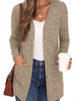 Women's Sweater Cardigan Casual Soft Pure Color Ribbed V Neck Buttons Pocket Knitted Long Sleeve Regular Tops Knit Outdoor Daily Weekend Dusty Rose Khaki Fall Winter