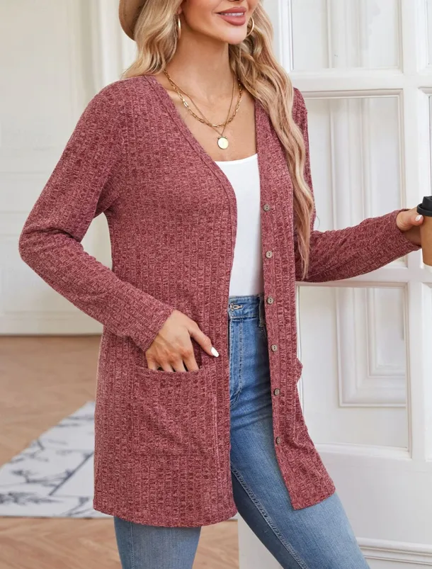 Women's Sweater Cardigan Casual Soft Pure Color Ribbed V Neck Buttons Pocket Knitted Long Sleeve Regular Tops Knit Outdoor Daily Weekend Dusty Rose Khaki Fall Winter