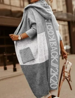 Women's Sweater Cardigan Casual Soft Letter Ribbed Hooded Pocket Knitted Long Sleeve Long Tops Knit Outdoor Daily Weekend White Yellow Fall Winter