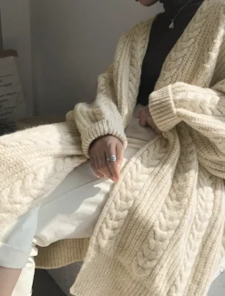 Women's Sweater Cardigan Casual Soft Pure Color Cable Open Front Knitted Long Sleeve Long Tops Knit Outdoor Daily Weekend Blue Apricot Fall Winter