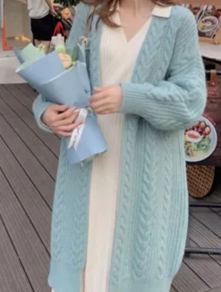 Women's Sweater Cardigan Casual Soft Pure Color Cable Open Front Knitted Long Sleeve Long Tops Knit Outdoor Daily Weekend Blue Apricot Fall Winter