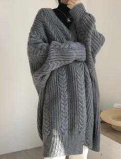 Women's Sweater Cardigan Casual Soft Pure Color Cable Open Front Knitted Long Sleeve Long Tops Knit Outdoor Daily Weekend Blue Apricot Fall Winter