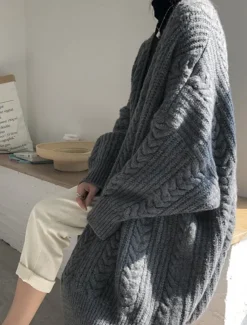 Women's Sweater Cardigan Casual Soft Pure Color Cable Open Front Knitted Long Sleeve Long Tops Knit Outdoor Daily Weekend Blue Apricot Fall Winter