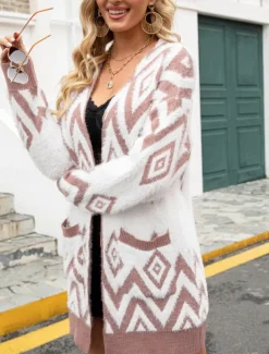 Women's Sweater Cardigan Casual Soft Geometric Ribbed V Neck Pocket Knitted Long Sleeve Regular Tops Knit Outdoor Daily Weekend Black Pink Fall Winter