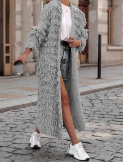 Women's Sweater Cardigan Casual Soft Pure Color Ribbed Open Front Tassel Knitted Long Sleeve Long Tops Knit Outdoor Daily Weekend Black Khaki Fall Winter