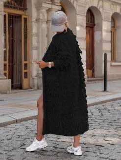 Women's Sweater Cardigan Casual Soft Pure Color Ribbed Open Front Tassel Knitted Long Sleeve Long Tops Knit Outdoor Daily Weekend Black Khaki Fall Winter