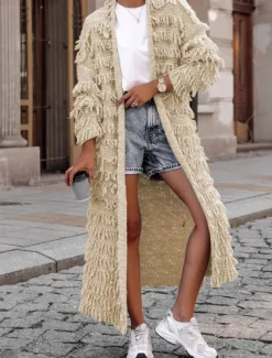 Women's Sweater Cardigan Casual Soft Pure Color Ribbed Open Front Tassel Knitted Long Sleeve Long Tops Knit Outdoor Daily Weekend Black Khaki Fall Winter