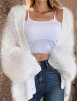 Women's Sweater Cardigan Casual Soft Pure Color Ribbed V Neck Buttons Knitted Long Sleeve Regular Tops Knit Outdoor Daily Weekend White Pink Fall Winter