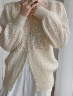 Women's Sweater Cardigan Casual Soft Pure Color Ribbed V Neck Lace Buttons Beaded Long Sleeve Regular Tops Knit Outdoor Daily Weekend Beige Fall Winter