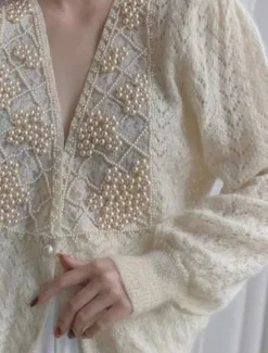 Women's Sweater Cardigan Casual Soft Pure Color Ribbed V Neck Lace Buttons Beaded Long Sleeve Regular Tops Knit Outdoor Daily Weekend Beige Fall Winter