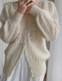 Women's Sweater Cardigan Casual Soft Pure Color Ribbed V Neck Lace Buttons Beaded Long Sleeve Regular Tops Knit Outdoor Daily Weekend Beige Fall Winter