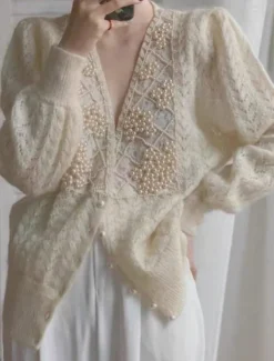 Women's Sweater Cardigan Casual Soft Pure Color Ribbed V Neck Lace Buttons Beaded Long Sleeve Regular Tops Knit Outdoor Daily Weekend Beige Fall Winter