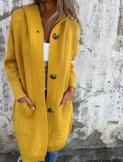 Women's Sweater Cardigan Casual Soft Pure Color Ribbed Hooded Buttons Pocket Knitted Long Sleeve Long Tops Knit Outdoor Daily Weekend Black Yellow Fall Winter
