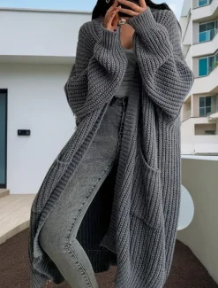 Women's Sweater Cardigan Casual Soft Pure Color Chunky Open Front Buttons Knitted Long Sleeve Long Tops Knit Outdoor Daily Weekend Dark Gray Beige Fall Winter