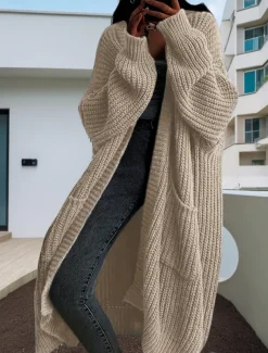 Women's Sweater Cardigan Casual Soft Pure Color Chunky Open Front Buttons Knitted Long Sleeve Long Tops Knit Outdoor Daily Weekend Dark Gray Beige Fall Winter