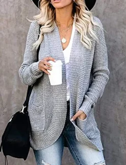 Women's Sweater Cardigan Casual Soft Pure Color Ribbed Open Front Pocket Knitted Long Sleeve Regular Tops Knit Outdoor Daily Weekend Black White Fall Winter