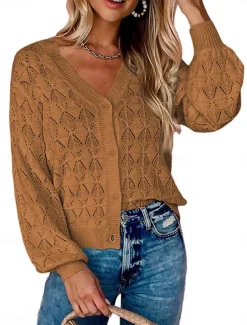 Women's Sweater Cardigan Casual Soft Pure Color Crochet V Neck Buttons Pocket Knitted Long Sleeve Regular Tops Knit Outdoor Daily Weekend Green Khaki Summer Spring