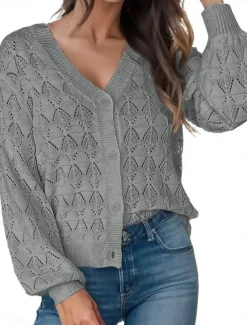 Women's Sweater Cardigan Casual Soft Pure Color Crochet V Neck Buttons Pocket Knitted Long Sleeve Regular Tops Knit Outdoor Daily Weekend Green Khaki Summer Spring