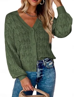 Women's Sweater Cardigan Casual Soft Pure Color Crochet V Neck Buttons Pocket Knitted Long Sleeve Regular Tops Knit Outdoor Daily Weekend Green Khaki Summer Spring