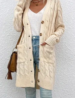Women's Sweater Cardigan Casual Soft Pure Color Ribbed V Neck Pocket Knitted Long Sleeve Long Tops Knit Outdoor Daily Weekend Red Green Fall Winter