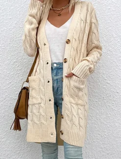 Women's Sweater Cardigan Casual Soft Pure Color Ribbed V Neck Pocket Knitted Long Sleeve Long Tops Knit Outdoor Daily Weekend Red Green Fall Winter