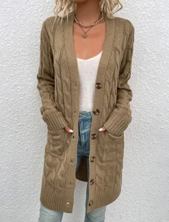 Women's Sweater Cardigan Casual Soft Pure Color Ribbed V Neck Pocket Knitted Long Sleeve Long Tops Knit Outdoor Daily Weekend Red Green Fall Winter