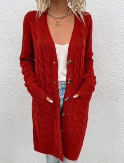 Women's Sweater Cardigan Casual Soft Pure Color Ribbed V Neck Pocket Knitted Long Sleeve Long Tops Knit Outdoor Daily Weekend Red Green Fall Winter