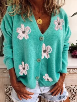 Women's Sweater Cardigan Casual Soft Floral Ribbed V Neck Buttons Knitted Long Sleeve Regular Tops Knit Outdoor Daily Weekend Red Green Fall Winter