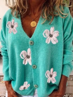 Women's Sweater Cardigan Casual Soft Floral Ribbed V Neck Buttons Knitted Long Sleeve Regular Tops Knit Outdoor Daily Weekend Red Green Fall Winter