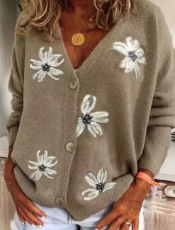 Women's Sweater Cardigan Casual Soft Floral Ribbed V Neck Buttons Knitted Long Sleeve Regular Tops Knit Outdoor Daily Weekend Red Green Fall Winter