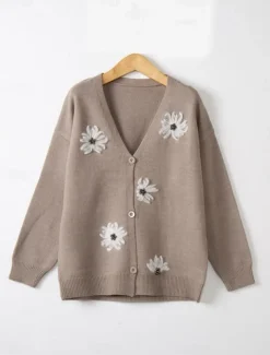 Women's Sweater Cardigan Casual Soft Floral Ribbed V Neck Buttons Knitted Long Sleeve Regular Tops Knit Outdoor Daily Weekend Red Green Fall Winter