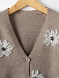 Women's Sweater Cardigan Casual Soft Floral Ribbed V Neck Buttons Knitted Long Sleeve Regular Tops Knit Outdoor Daily Weekend Red Green Fall Winter