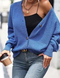 Women's Sweater Cardigan Daily Casual Solid Color Shirt Collar Knitted Textured Long Sleeve Regular Tops Knit Home Work White Red Fall Winter