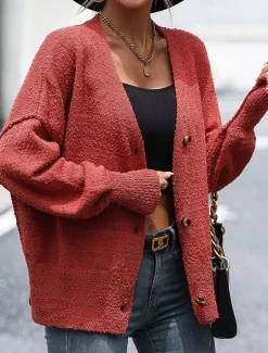 Women's Sweater Cardigan Daily Casual Solid Color Shirt Collar Knitted Textured Long Sleeve Regular Tops Knit Home Work White Red Fall Winter