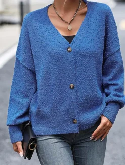 Women's Sweater Cardigan Daily Casual Solid Color Shirt Collar Knitted Textured Long Sleeve Regular Tops Knit Home Work White Red Fall Winter