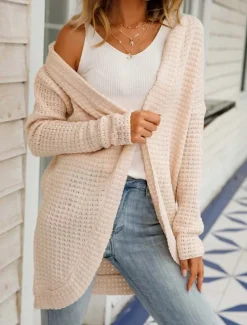 Women's Sweater Cardigan Daily Casual Solid Color Open Front Knitted Long Sleeve Long Tops Knit Home Work Khaki Light Grey Fall Winter