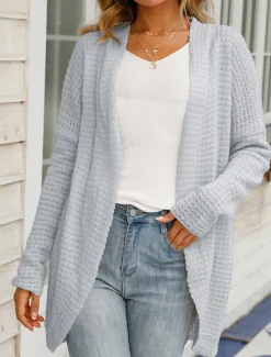 Women's Sweater Cardigan Daily Casual Solid Color Open Front Knitted Long Sleeve Long Tops Knit Home Work Khaki Light Grey Fall Winter
