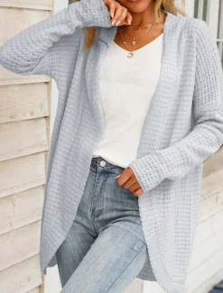 Women's Sweater Cardigan Daily Casual Solid Color Open Front Knitted Long Sleeve Long Tops Knit Home Work Khaki Light Grey Fall Winter