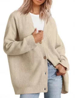 Women's Sweater Cardigan Elegant Fashion Streetwear Pure Color V Neck Pocket Knitted Long Sleeve Regular Tops Knit Outdoor Daily Weekend Black White Fall Winter