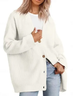 Women's Sweater Cardigan Elegant Fashion Streetwear Pure Color V Neck Pocket Knitted Long Sleeve Regular Tops Knit Outdoor Daily Weekend Black White Fall Winter