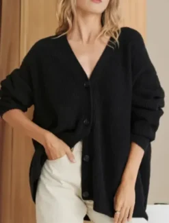 Women's Sweater Cardigan Elegant Fashion Streetwear Pure Color V Neck Pocket Knitted Long Sleeve Regular Tops Knit Outdoor Daily Weekend Black White Fall Winter