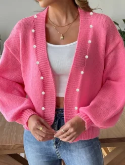 Women's Sweater Cardigan Elegant Casual Soft Pure Color Ribbed V Neck Beaded Knitted Long Sleeve Regular Tops Knit Outdoor Daily Weekend Pink Fall Winter