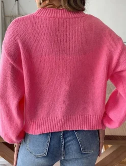 Women's Sweater Cardigan Elegant Casual Soft Pure Color Ribbed V Neck Beaded Knitted Long Sleeve Regular Tops Knit Outdoor Daily Weekend Pink Fall Winter