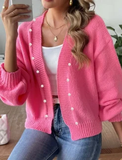 Women's Sweater Cardigan Elegant Casual Soft Pure Color Ribbed V Neck Beaded Knitted Long Sleeve Regular Tops Knit Outdoor Daily Weekend Pink Fall Winter