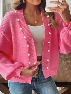 Women's Sweater Cardigan Elegant Casual Soft Pure Color Ribbed V Neck Beaded Knitted Long Sleeve Regular Tops Knit Outdoor Daily Weekend Pink Fall Winter