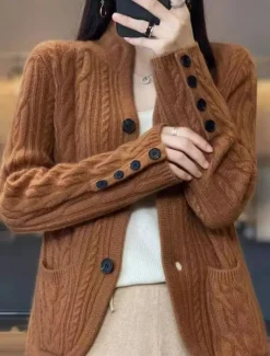 Women's Sweater Cardigan Elegant Fashion Streetwear Pure Color Stand Collar Pocket Knitted Long Sleeve Regular Tops Knit Outdoor Daily Weekend White Brown Fall Winter