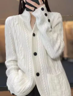 Women's Sweater Cardigan Elegant Fashion Streetwear Pure Color Stand Collar Pocket Knitted Long Sleeve Regular Tops Knit Outdoor Daily Weekend White Brown Fall Winter