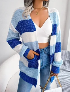 Women's Sweater Cardigan Elegant Fashion Streetwear Striped Pure Color Open Front Knitted Long Sleeve Regular Tops Knit Outdoor Daily Weekend Black Wine Fall Winter