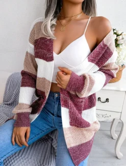 Women's Sweater Cardigan Elegant Fashion Streetwear Striped Pure Color Open Front Knitted Long Sleeve Regular Tops Knit Outdoor Daily Weekend Black Wine Fall Winter