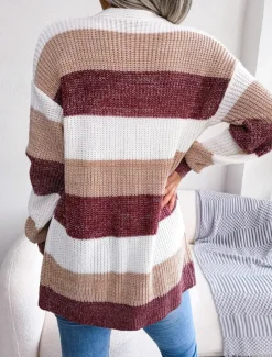 Women's Sweater Cardigan Elegant Fashion Streetwear Striped Pure Color Open Front Knitted Long Sleeve Regular Tops Knit Outdoor Daily Weekend Black Wine Fall Winter